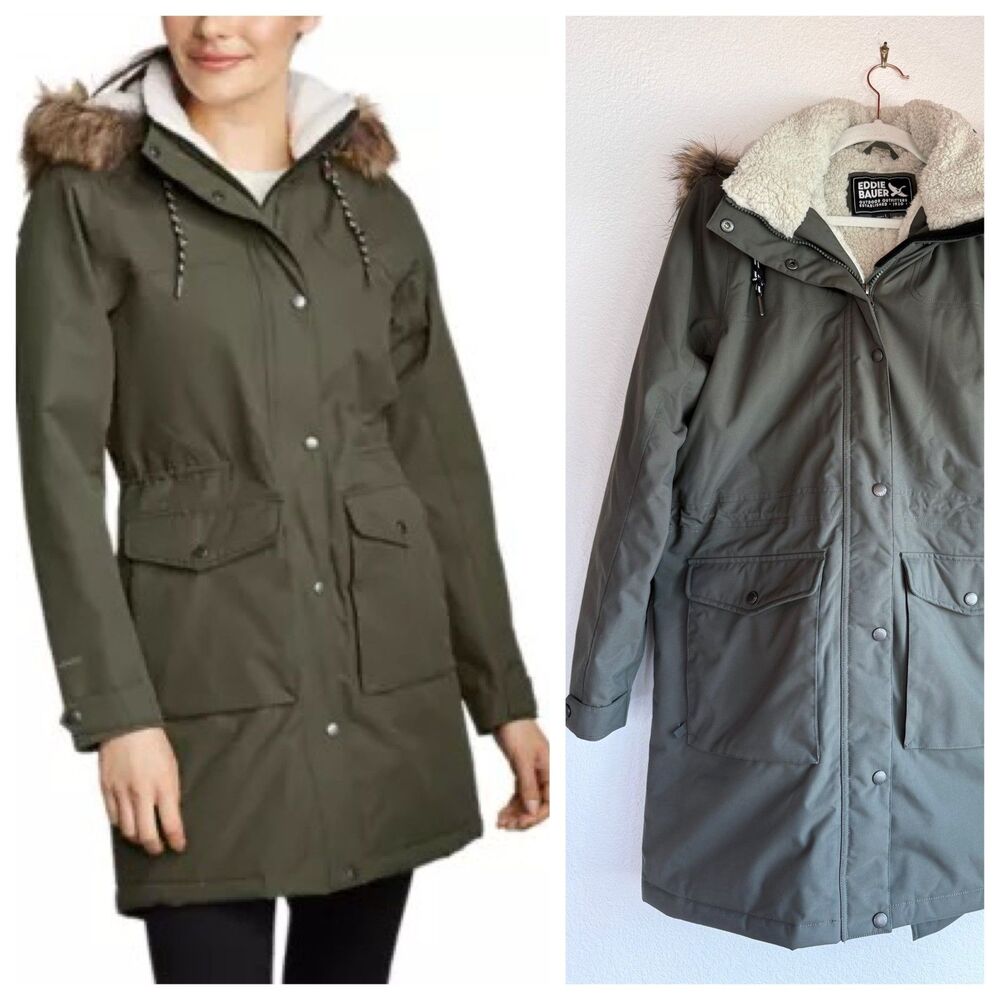 Eddie Bauer Charly Parka Jacket NWOT Sz L Olive Green Faux Fur Sherpa Insulated